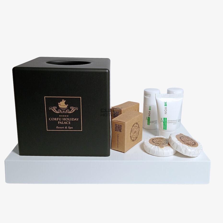 Kit de Bandeja Blanca para Amenities y Cubo de Pañuelos Negro