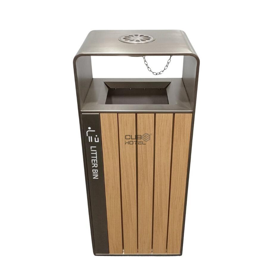 Papelera Cenicero de Acero Inoxidable con Efecto Madera