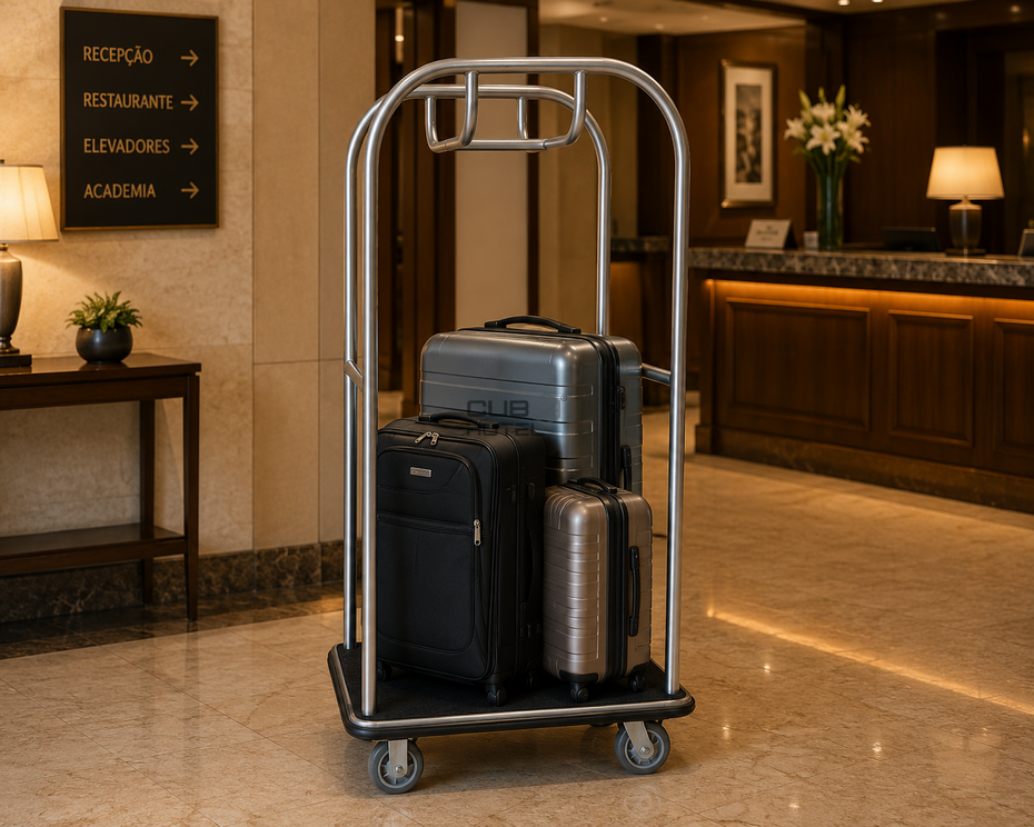 Carro Porta-Bagagem Hotel Cromado Cubo Versão Compacta