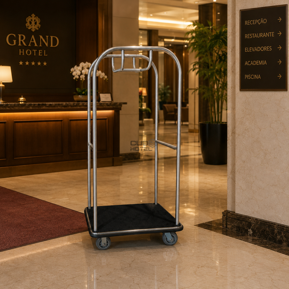 Carro Porta-Bagagem Hotel Cromado Cubo Versão Compacta