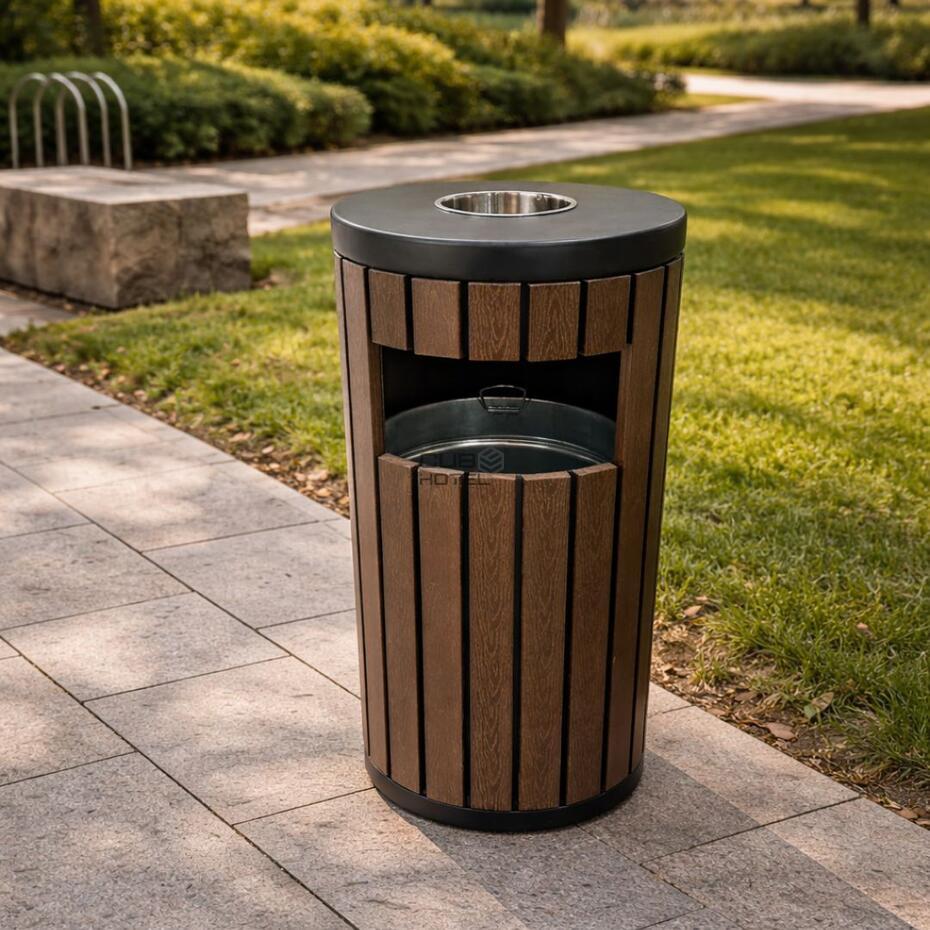Papeleira Cinzeiro Exterior 34L em Aço com Efeito Madeira