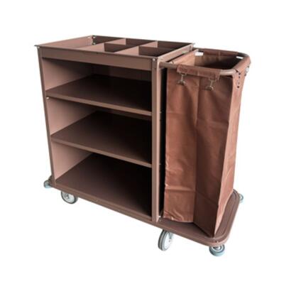 Brown Housekeeping Cart with 1 Bag and Shelves