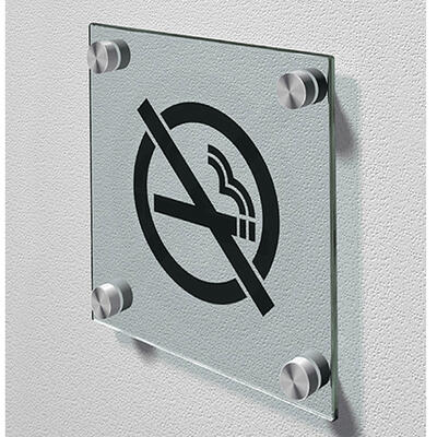 Pictogramas em vinil aplicados em vidro temperado transparente 150 x 150mm